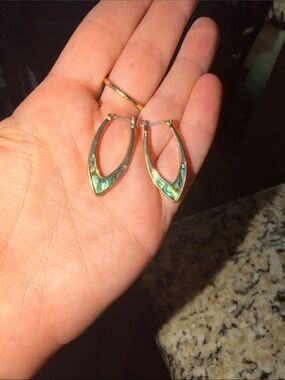 Gold w/Abalone Inlay Hoop Earrings in Iridescent Green in Box